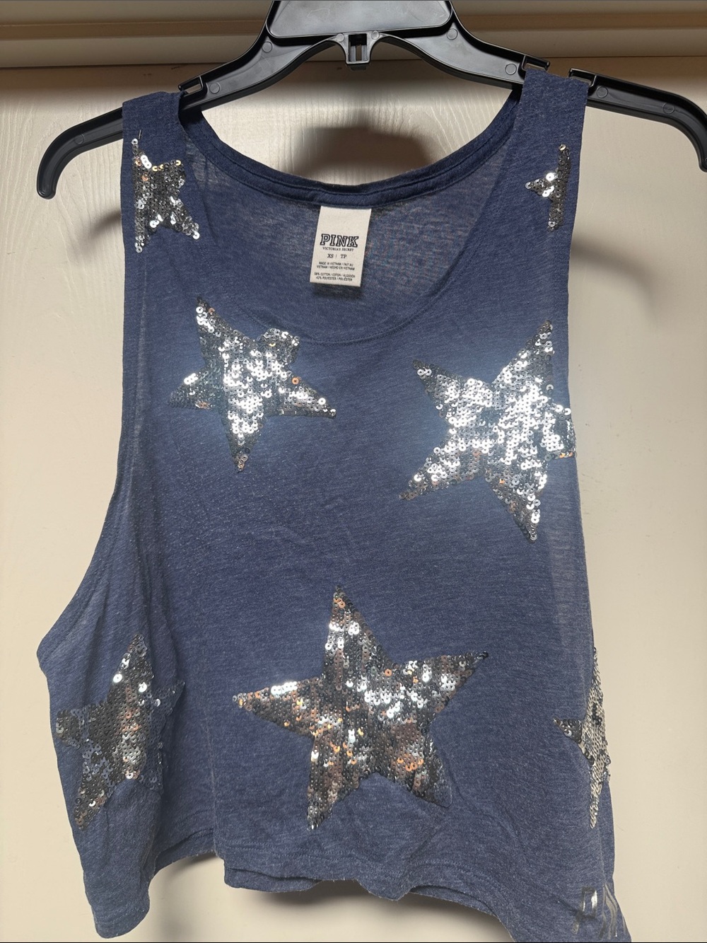 PINK Victoria's Secret Navy Blue Crop Tank with Silver Sequin Stars